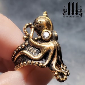 Octopus dream ring with white CZ eyes size 5 antiqued dark bronze aquatic ocean jewelry