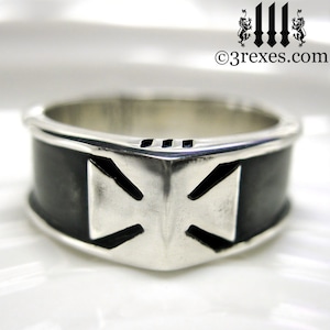 Mens Black Silver Ring Iron Cross Wedding Band Knights Templar Size 13 image 1