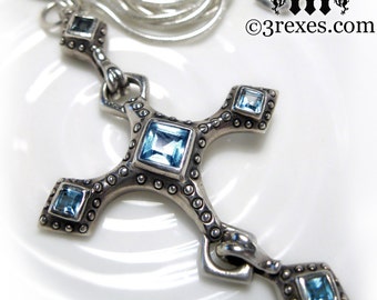 Renaissance Cross Necklace, Blue Topaz Stones, Gothic Silver Pendant, Long Snake Chain, .925 Sterling Silver