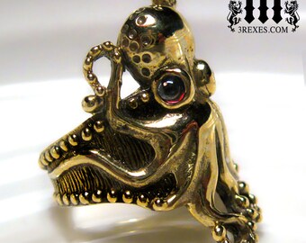 Octopus Ring Antiqued Bronze Gothic Black Garnet Stone Eyes Size 9