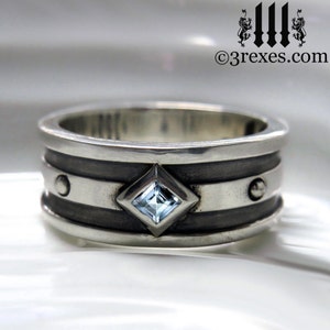 Mens 925 Silver Wedding Ring with Blue Topaz Size 10 Moorish Gothic One Stone Band