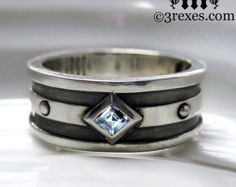 Mens 925 Silver Wedding Ring with Blue Topaz Size 10 Moorish Gothic One Stone Band
