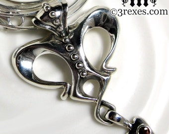 Silver Crown Necklace Queen Of Hearts Gothic Garnet Stone Long .925 Sterling Snake Chain Goth Fairytale Jewelry