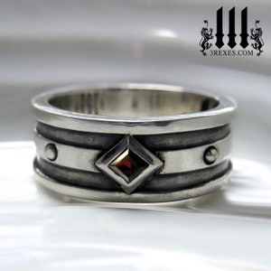 Silver Wedding Ring with Red Stone Garnet for Men or Women Moorish Gothic One Stone Band Unisex Design Size 13