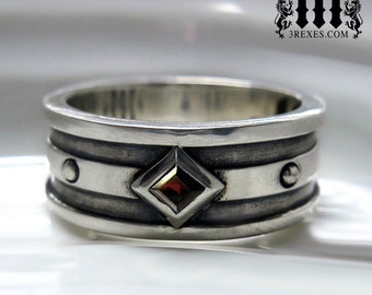Silver Wedding Ring with Red Stone Garnet for Men or Women Moorish Gothic One Stone Band Unisex Design Size 13