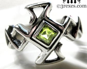 Mens Celtic Cross Ring Bohemian Z Green Peridot Stone Medieval Wedding Band Unisex Size 9.5