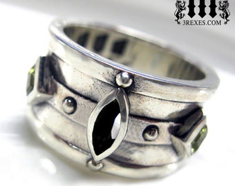 Mens Moorish Medieval Silver Ring Black Onyx Green Peridot Stones Size 8 Gothic Wedding Band