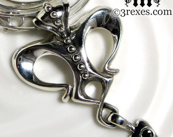 Silver Crown Necklace Queen Of Hearts Gothic Black Onyx Stone Long .925 Sterling Snake Chain