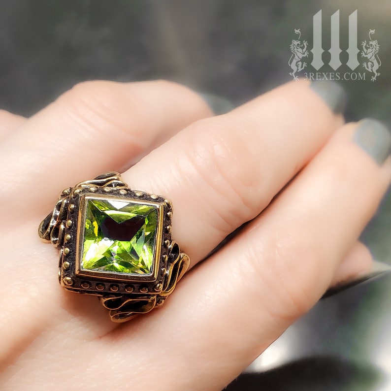 gothic dark bronze ring with green peridot stone, royal wedding rings with unisex style