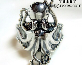 Octopus Ring Black Onyx Sterling Silver Steampunk Band Size 7