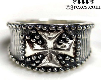 Studded Iron Cross Ring Mens Sterling Silver Biker Band Unisex Size 14