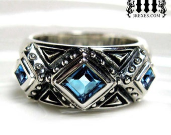 3 Kings Wedding Ring Blue Topaz Stone Mens Medieval Silver Band Size 12