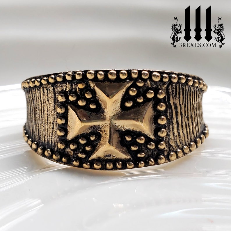 Mens Ring Dark Bronze Studded Iron Cross Band Crude Medieval Style Size 9 image 1