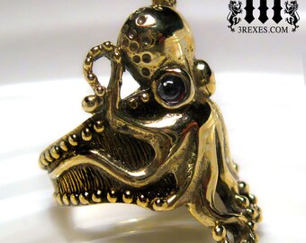 Octopus Ring Antiqued Bronze Gothic Black Stone Eyes Size 9