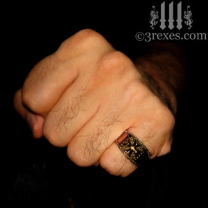 Mens Ring Dark Bronze Studded Iron Cross Band Crude Medieval Style Size 9 image 2