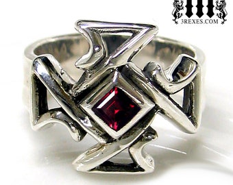 Mens Celtic Knot Cross Ring Red Garnet Silver Gothic Wedding Band Size 12