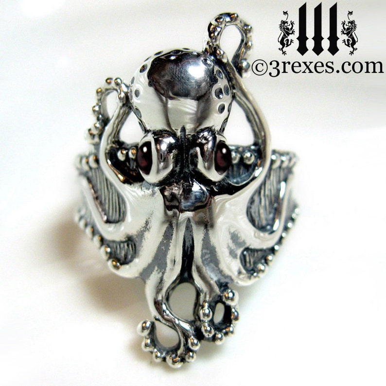 Silver Octopus Ring Black Onyx Eyes January Birthstone Size 10 image 1