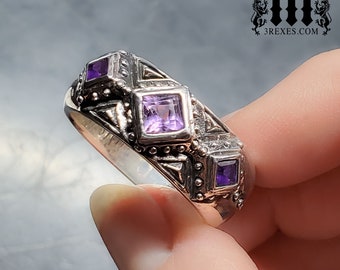 3 Kings Wedding Ring Purple Amethyst Stone Stone Unisex Medieval Silver Band Size 7