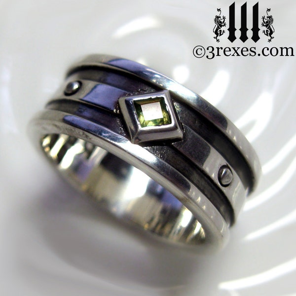 Moorish Gothic One Stone Man Wedding Band Green Peridot Size 9