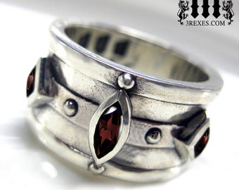 Wide Silver Wedding Ring Dark Garnet Stone Size 7 Gothic Unisex Moorish Medieval Band