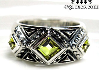 3 Kings Wedding Ring Green Peridot Stone Mens Medieval Silver Band Size 9