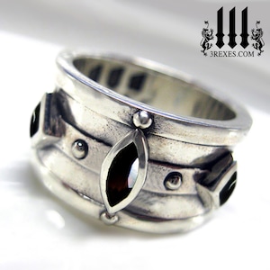 Moorish Medieval Silver Ring Black Garnet Black Onyx Stone Size 12