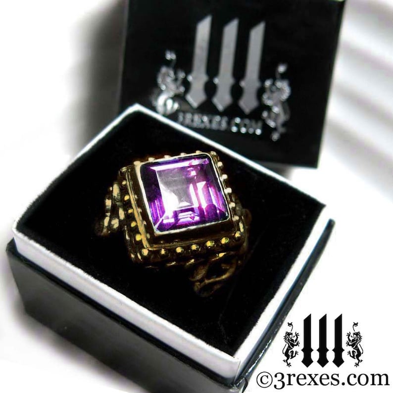Victorian Cocktail Ring Gothic Purple Amethyst Band Brass Raven Love Size 6