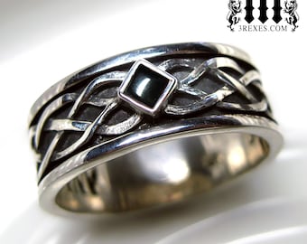 Mens Celtic Soul Ring .925 Sterling Silver Black Onyx Wedding Band Size 11