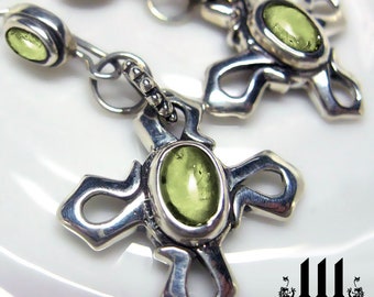 Celtic Cross Silver Earrings Gothic Flower Green Peridot Stone .925 sterling