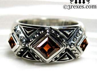 Mens Wedding Ring Gothic Red Garnet Stone Medieval .925 Sterling Silver Band 3 Kings Size 11