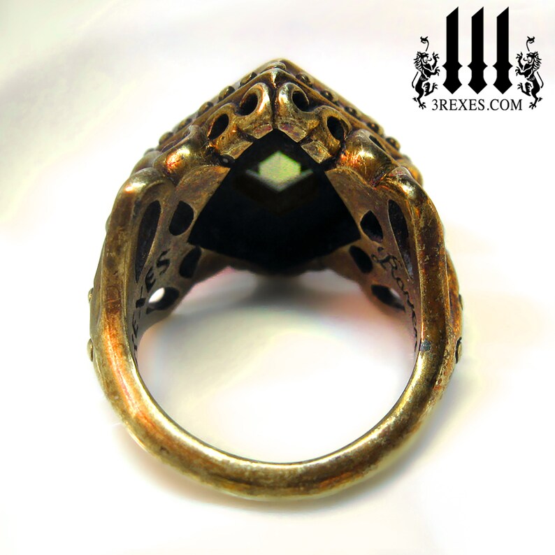 Bronze Wedding Ring, Victorian Gothic Engagement Band, Princess Cut Green Peridot Cocktail Ring Raven Love Size 5 image 6