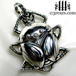 Silver Scarab Egyptian Necklace 925 Sterling Bug Beetle Insect Pendant with Snake Chain