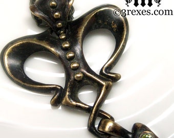 Gothic Heart Necklace Green Peridot Stone Antique Medieval Brass Crown Charm Queen Of Hearts