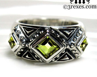 3 Kings Wedding Ring Green Peridot Stone Mens Medieval Silver Band Size 10