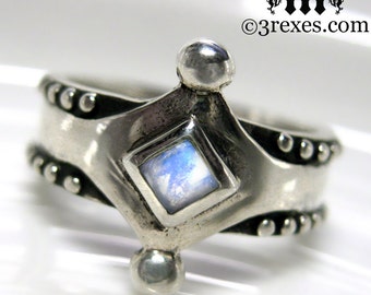 Silver Moonstone Ring Size 6 Medieval Band .925 Sterling Studs Unisex Wedding The Majestic