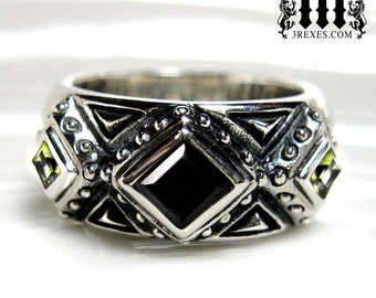 Goth Black Onyx and Green Peridot Stone Ring .925 Sterling Silver Band 3 Kings Mens Medieval Wedding Ring Size 10