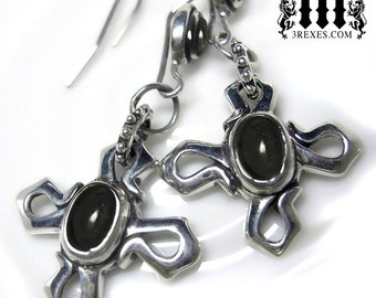 Celtic Cross Silver Earrings Gothic Flower Black Onyx Stone .925 sterling