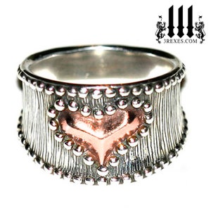 Silver and Pink Rose Gold Medieval Studded Heart Biker Ring for Women Size 8