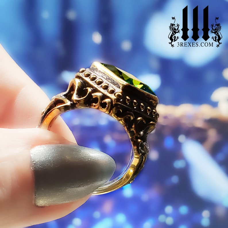 unique engagement bands, gothic dark bronze ring with green peridot stone, royal wedding rings with unisex style