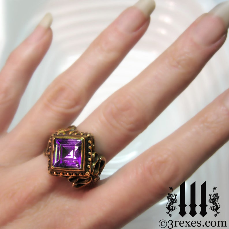 Victorian Cocktail Ring Gothic Purple Amethyst Band Brass Raven Love Size 6