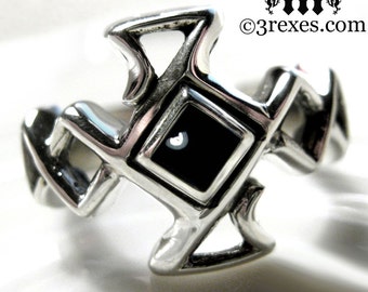 Mens Celtic Cross Ring Bohemian Z Black Onyx Stone Medieval Wedding Band Unisex Size 12