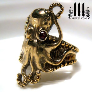 Octopus Ring Antiqued Bronze Gothic Black Stone Eyes Size 9