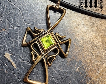 Bohemian Celtic Cross Pendant Gothic Dark Bronze with Green Peridot for Men