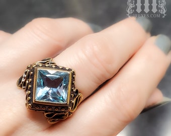 Bronze Wedding Ring, Victorian Gothic Engagement Band, Princess Cut Blue Topaz Cocktail Ring Raven Love Size 7