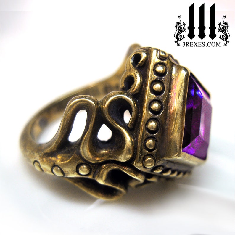 Victorian Cocktail Ring Gothic Purple Amethyst Band Brass Raven Love Size 6