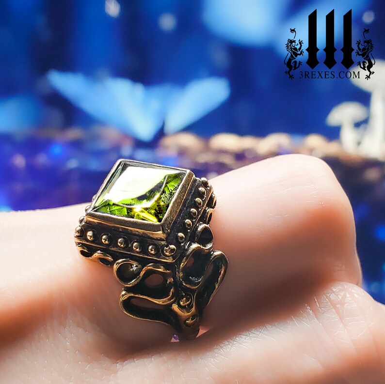 gothic dark bronze engagement ring with green peridot stone, royal wedding rings with unisex unisex style