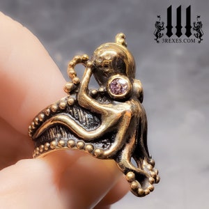 Octopus Ring Antiqued Dark Bronze with Pink CZ Eyes Size 6