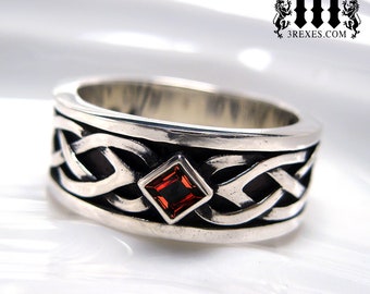Mens Celtic Soul Ring .925 Sterling Silver Wedding Red Garnet Stone Unisex Size 6.75