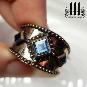 Distressed 3 Wishes Bronze Ring Gothic Blue Topaz Medieval Wedding Band Unisex Size 6