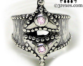Sterling Silver Double Heart Ring, Medieval Gothic Band with Pink CZ, Size 8